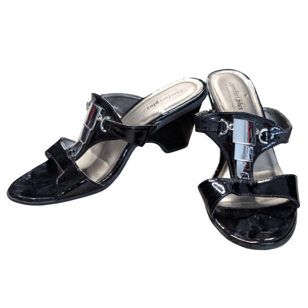 Predicitions Women's 7‎ Black Heeled Muled Sandals with Silver Metal Detail